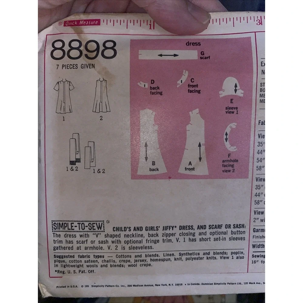Vintage 1970 Simplicity 8898 Sewing Pattern Size 8 Girls Jiffy Dress Scarf Cut